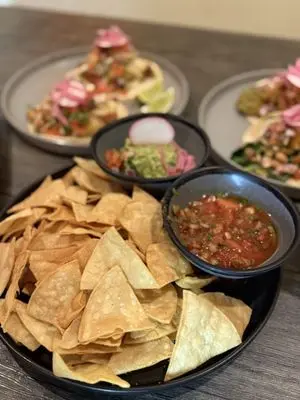 La Chingona Mexican Cuisine signature dishes Taco de AsadaTaco PescadoTortilla Chips and Salsa